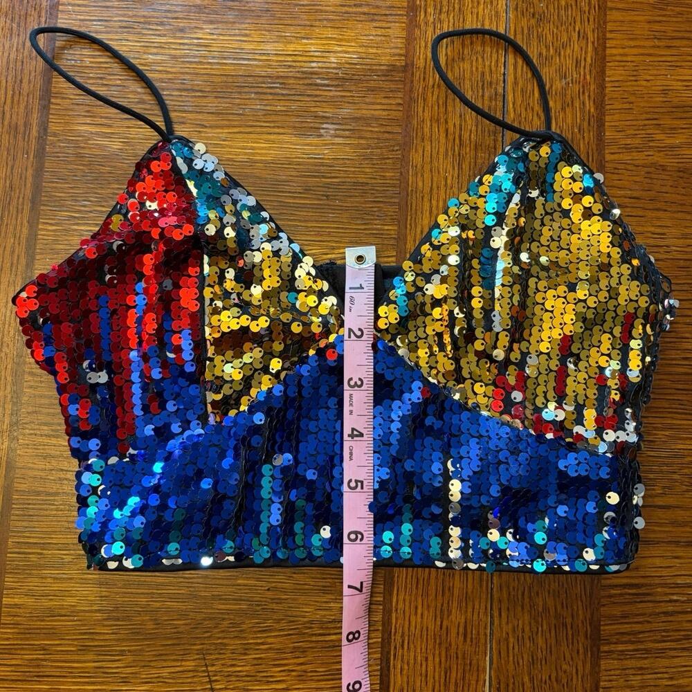 NWT SHEIN Colorblock Sequin V-Neck Cami Crop Top XS Party Festival Club - Picture 7 of 10